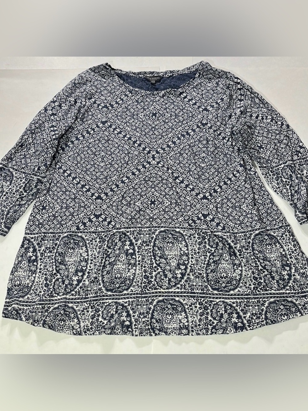 Lucky Brand 1X 3/4 sleeves casual blouse tee shirt navy white paisley